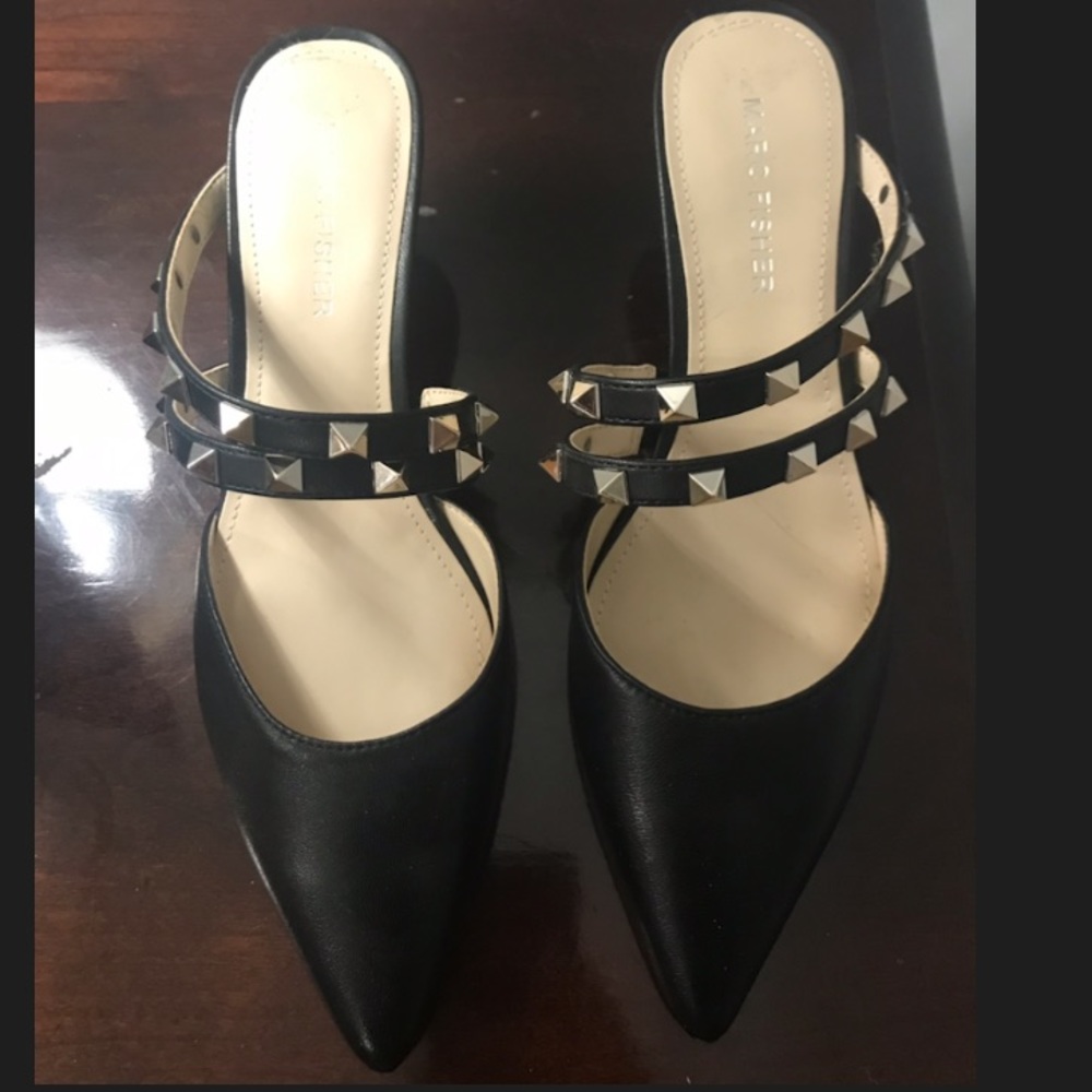 Black, kitten heels with gold studs